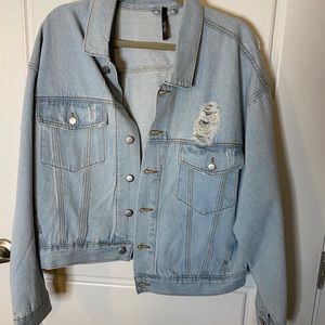 Oversized boyfriend fit distressed denim jacket